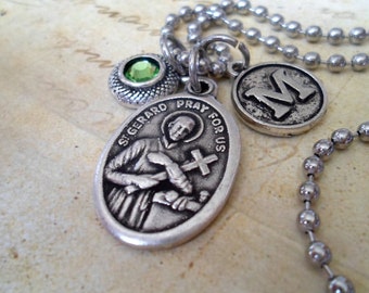 St. Gerard Patron Saint of Expectant Mothers, Holy help thru Pregnancy and Delivery. Personalize with Swarovski Crystal Birthstone & Initial