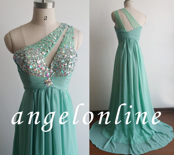 Mint Green Prom Dresses One Shoulder Crystal by Angelonlinedress