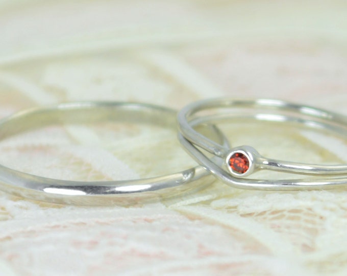 Tiny Garnet Ring Set, Solid White Gold Wedding Set, Garnet Stacking Ring, White Gold Garnet Ring, Garnet Engagement Ring, January Birthstone