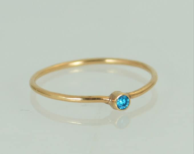 Tiny Blue Zircon Ring, Solid 14k Rose Gold Zircon Ring, Zircon Stacking Ring, Zircon Mothers Ring, December Birthstone, Solid Zircon Ring