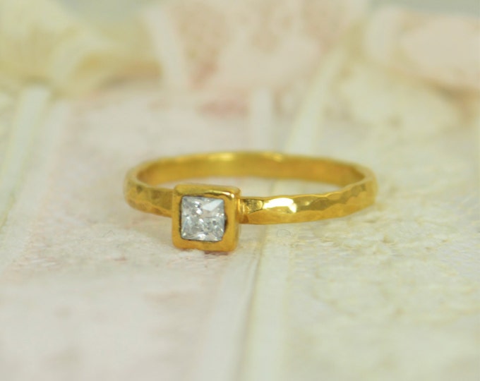 Square CZ Diamond Engagement Ring, 14k Gold, Diamond Wedding Ring Set, Rustic Wedding Ring Set, April Birthstone, Solid Gold