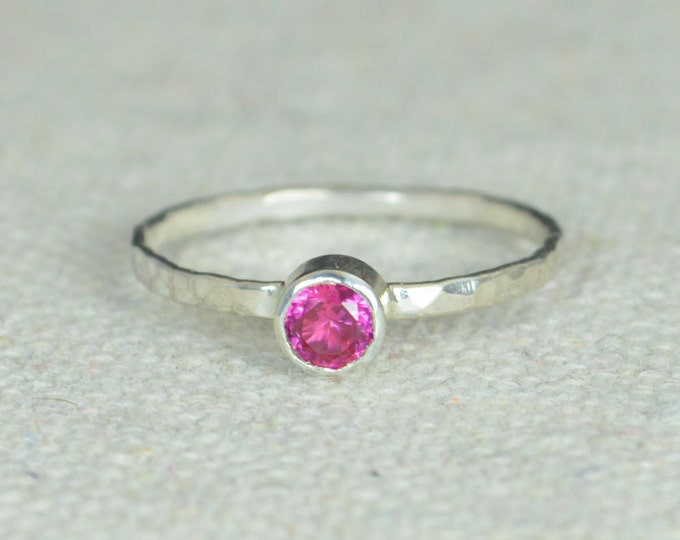 Small Ruby Ring, Hammered Silver, Stackable Rings, Mother's Ring, July Birthstone Ring, Skinny Ring, Mothers Ring, Silver Ruby Ring