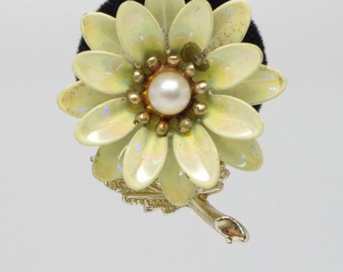 Storewide 25% Off SALE Vintage Sunshine Yellow Enamel CORO Designer Signed Clip Earrings Featuring Daisy Flower Design With Pearl Beaded Cen