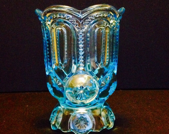 Storewide 25% Off SALE Vintage Rare Aquamarine L.E. Smith Moon & Stars Crystal Glass Spooner Featuring Elegant Design With Translucent Light