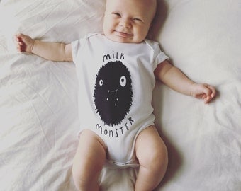 Organic hand screen printed Baby Grows/Body/Romper Suits. Made from ethical, fair trade cotton. NEW! Milk Bandit & Milk Monster designs.