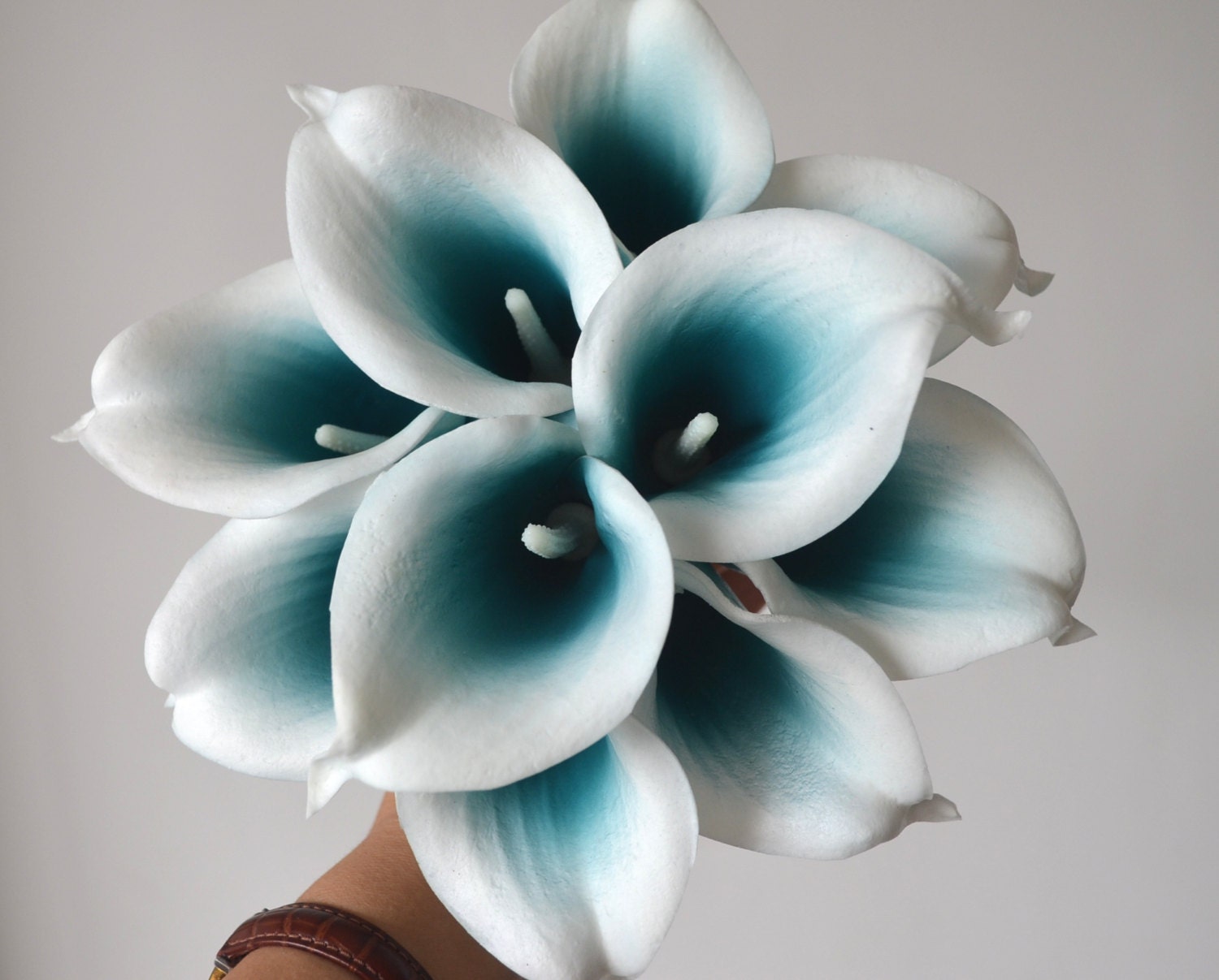 Picasso Teal Blue Calla Lilies Real Touch Flowers For Silk