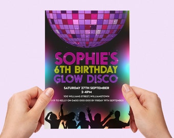 Glow Disco Invite Printable Personalised Invitation Childs Kids Invite Party Teen Tween Little Girl Disco Ball Dancing Glow In The Dark