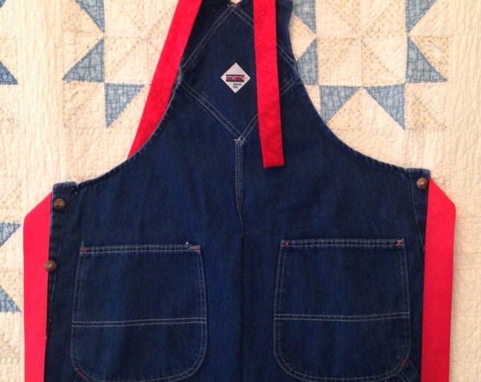 HALF PRICE ** Adult Upcycled Denim Overall Apron with Red Trim. Great Gift for YOur BBQ Chef!