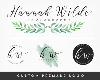 Premade Logo Design, Leaf Wreath, Calligraphy Logo, Handwritten Logo, Photography Logo, Sub marks + Watermarks, Branding Kit