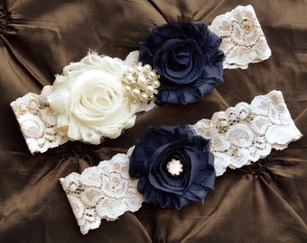 Wedding Garter Set, Bridal Garter Set, Garter, Country Shabby Chic, Shabby Navy Wedding Garter Belt, Navy Garter Set, Grace Style -G 50575
