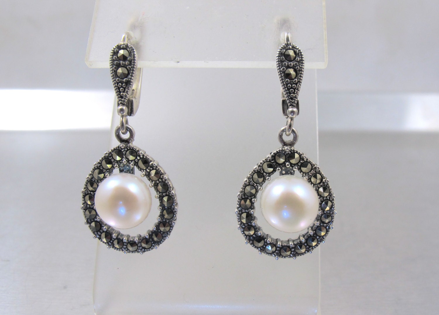 Sterling Marcasite Pearl Earrings Dangle Drop Pierced