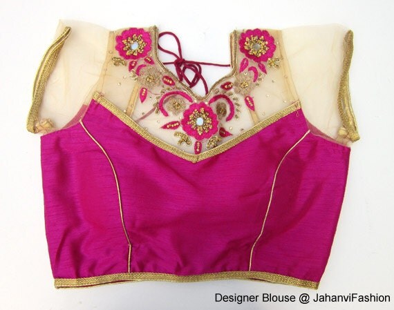 Pink designer saree blouse with embroidery zari neck prince