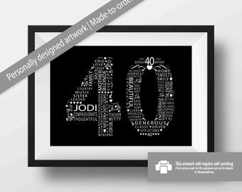40th Birthday Gift For Women / Friend / Mom / Sister / Personalised / Custom Word Art / Typography / 11x14 / Black and White / Monochrome