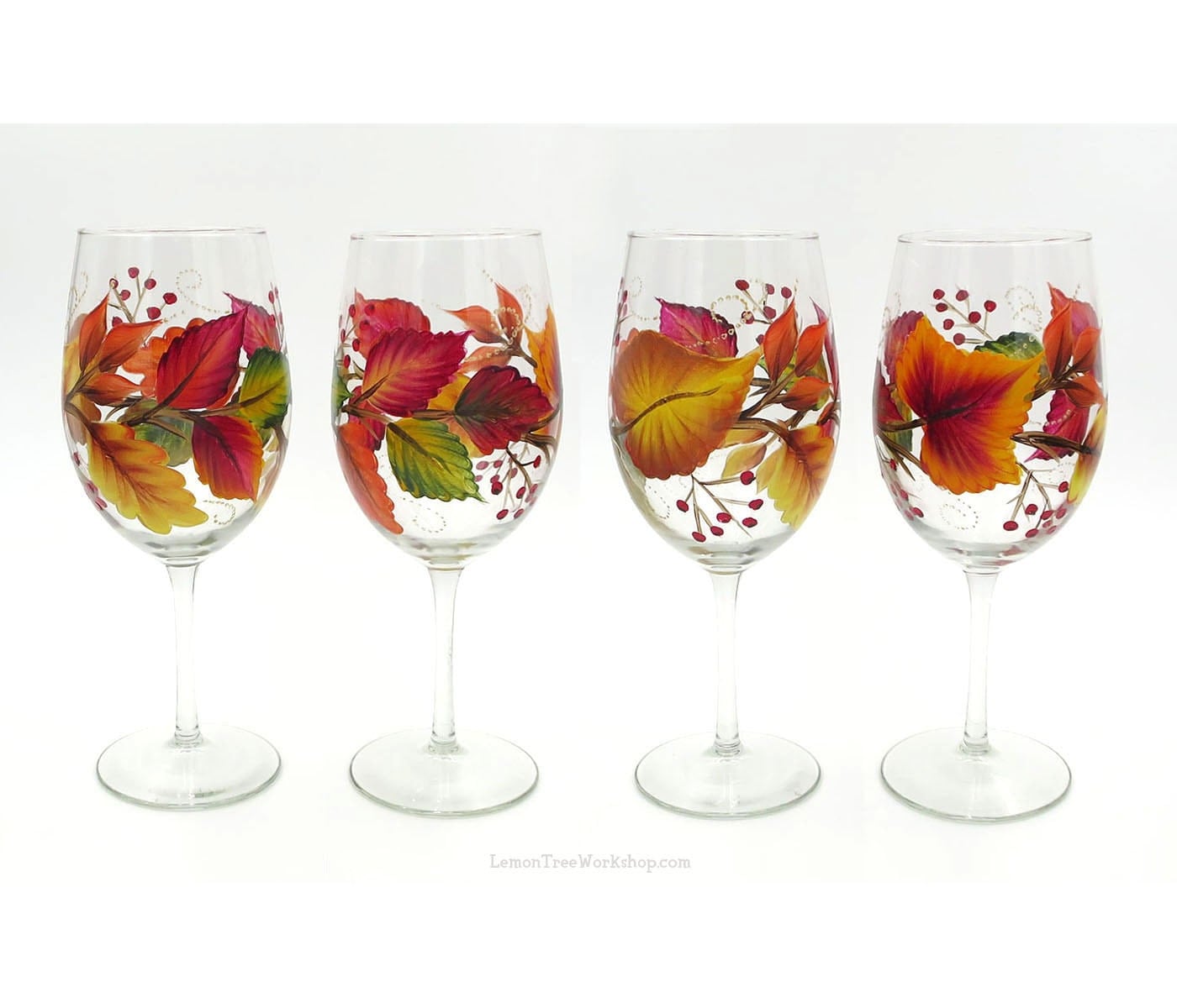 Hand Painted Autumn Leaves Wine Glasses Set Of 4 Thanksgiving