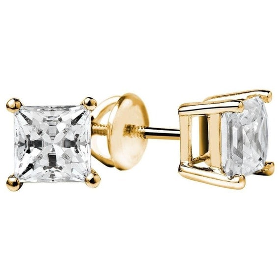 Set Of Gold Studs, Set Of Studs, Gold Studs, Gold Stud, Set Of Stud, 2.0Ct Princess Cut Solitaire Stud Earrings Solid 14k Yellow Screw Back