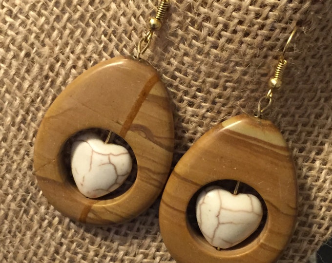 Wood and Stone Heart Earrings