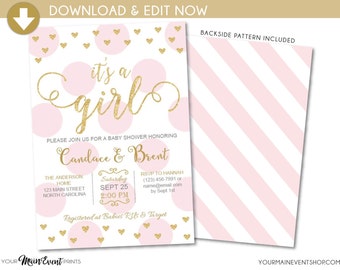 It's a Girl Baby Shower Invitation • Pink and Gold Heart Baby Shower Invite • Instant Download Baby Sprinkle Printable