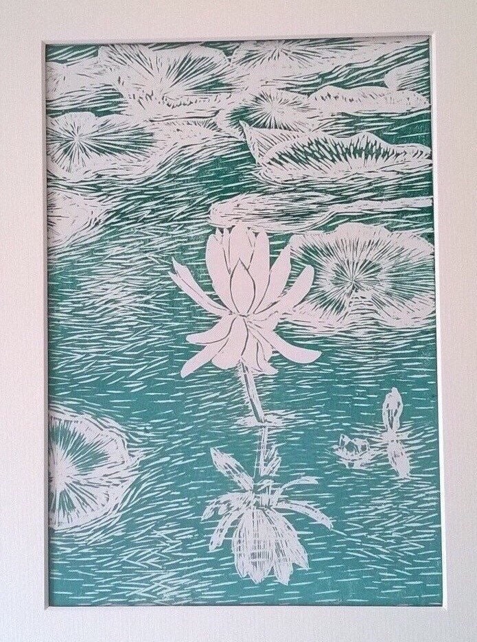 Water lily Linocut print Original hand pulled print Teal