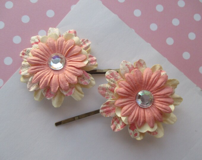 2-Blue Flower Hair Clips-Girls bobby pins-childrens hair accessories-pink barrettes with a jewel-fun Flower girls gift-little girls hair pin