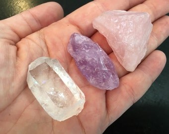 Love and Happiness Stone Set - raw crystals and stones - raw Rose Quartz - raw Amethyst - raw Quartz - rough stones - gemstone set - chakra