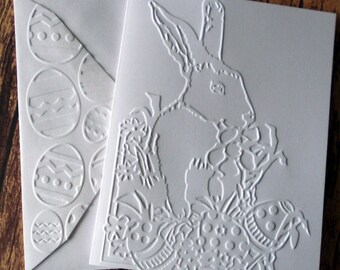 Easter Bunny Cards, Set of 5, Embossed Easter Greeting Cards, Blank Note Card Set, White Embossed Easter Rabbit Cards, Blank Stationery Set