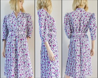 Vtg white pink floral dress pretty day dress pleated skirt size eu38 uk10