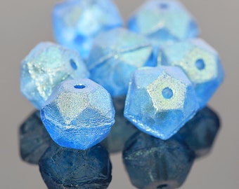 Blue English Cut Beads, Czech Glass Rough Cut, Frosty Matte Capri Blue Glass Beads, Blue Rough Cut, 10mm Beads - 15 beads (ENG-09)