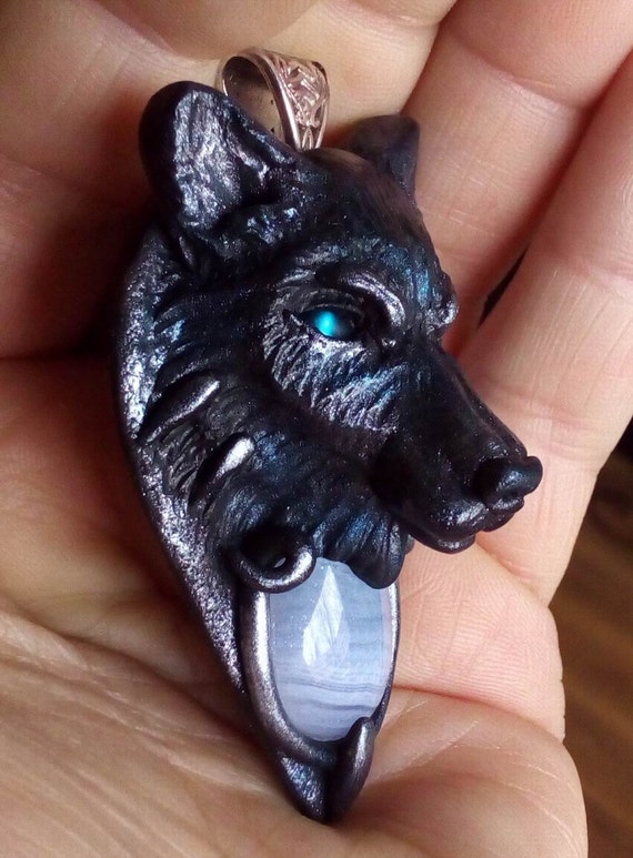 Wolf pendant polymer clay pendant blue agate