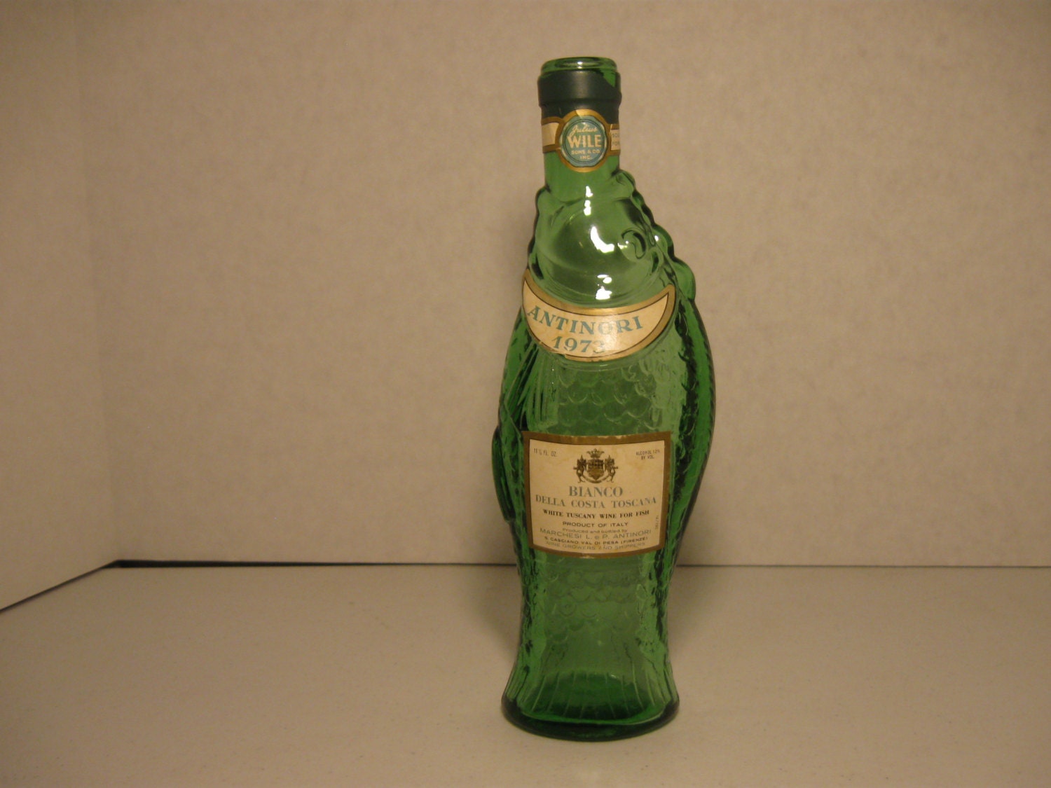 Vintage Glass Fish Bottle Antinori 1973 Wine Bottle Green