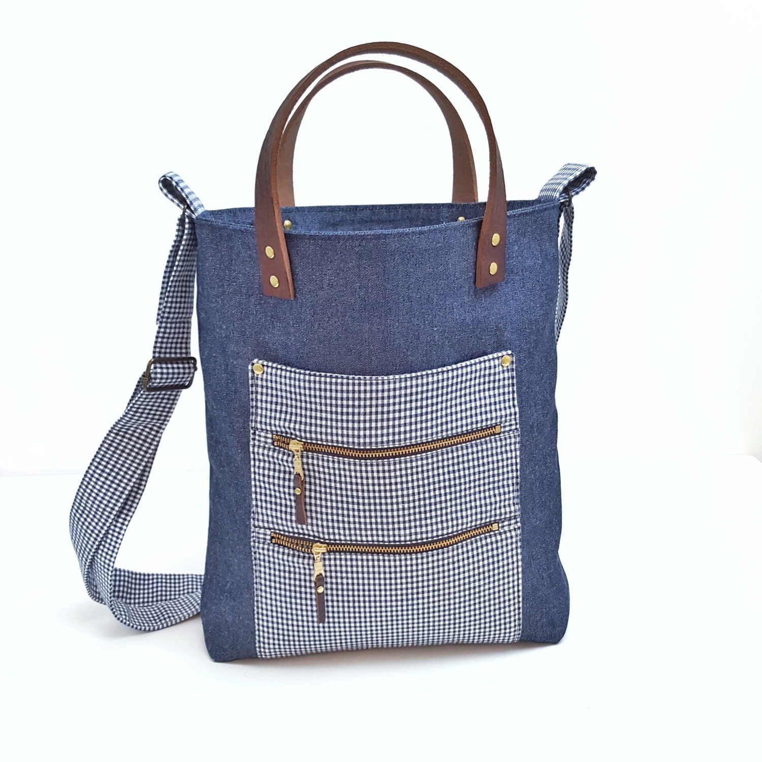 Large Denim & Gingham Tote Bag with Leather Handles / Shopper
