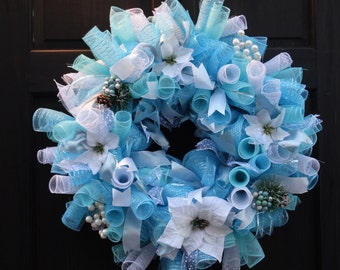 Winter Mesh Wreath, Winter Door Decor, Winter Wreath, Holiday Wreath, White Poinsettia Wreath, Christmas Deco Mesh Wreath, Christmas Wreath