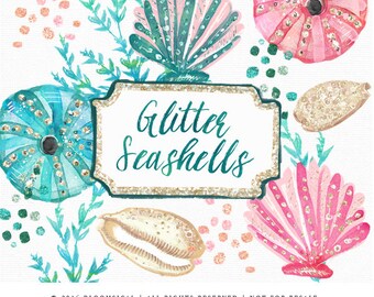 Glitter Seashells Clip Art | Glam sea shells coral marine plants Graphics | Scrapbooking, Cards, Planner Stickers | Digital Cliparts
