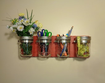 CHOOSE FROM 9 COLORS - Mason Jar Caddy - Mason Jar Organizer - Mason Jar Wall Decor - 4 Pint Jars - Distressed Red Finish