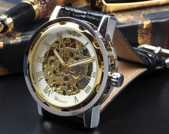 Custom Glass Engraved Silver Gold Skeleton Wrist Watch Black Strap - Metal Gift Boxed / WW-5-G