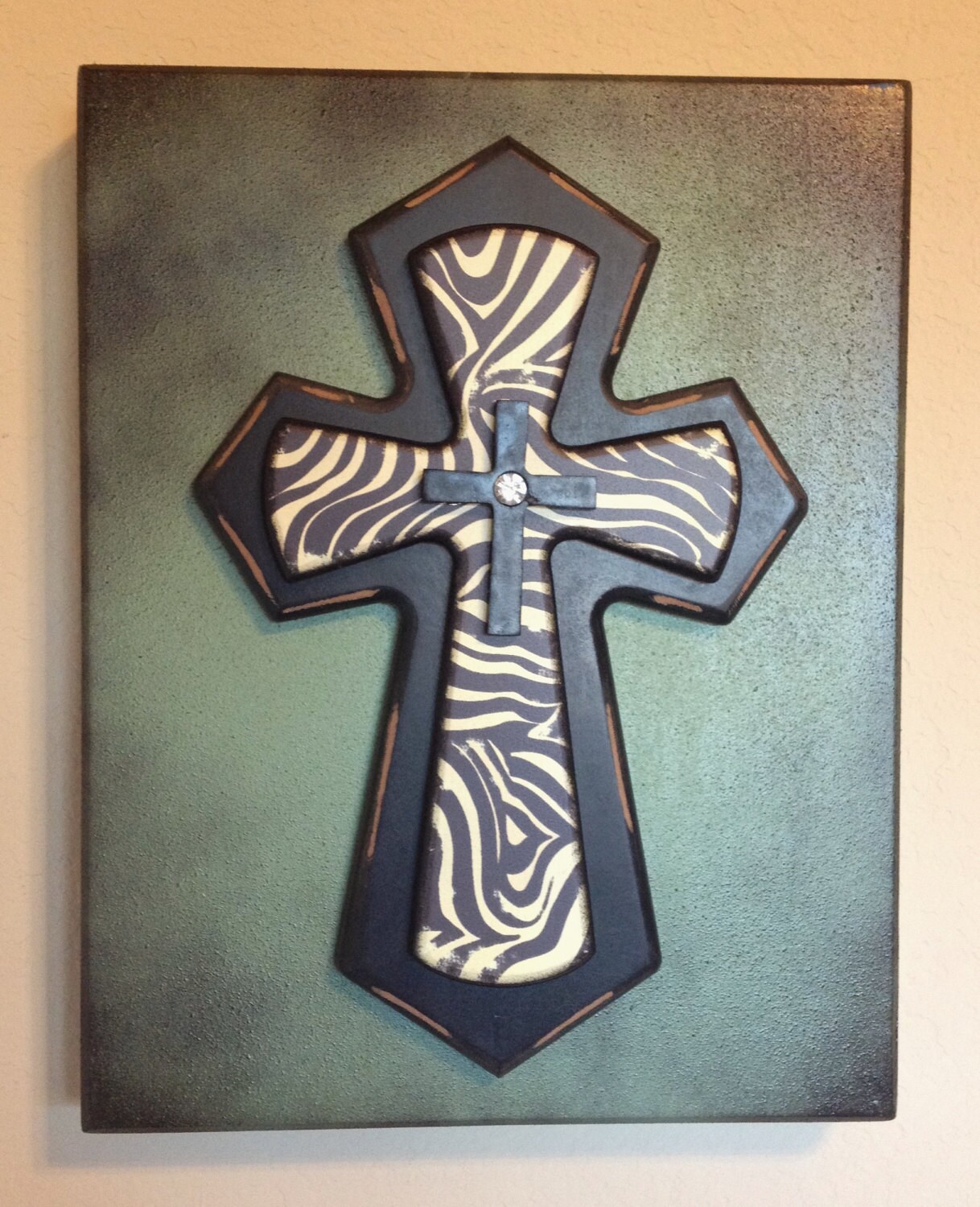 Large Wooden Block Wall Cross Distressed Green Block with