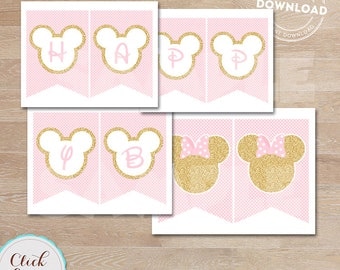 Minnie Pink and Gold Banner, Glitter Gold, Polka Dot pink Minnie mouse, Party Decorations, Minnie party printable DIY INSTANT DOWNLOAD