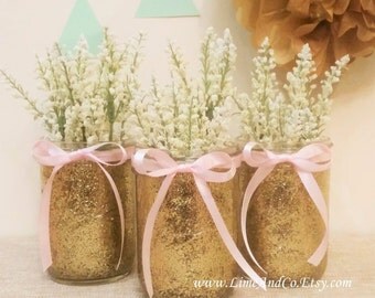 Baby Shower Decorations, Baby Shower Centerpieces, Bridal Shower Decorations, Wedding Centerpiece, Pink and Gold Decor, Mason Glitter Jars 3