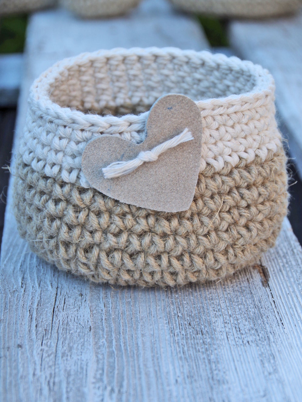 Crochet basket heart gift Basket Cotton linnen Natural