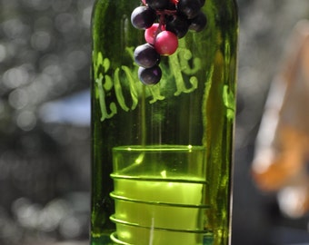 Hanging Etched Wine Bottle Candle Wrapped in Jute with Votive Faux grapes and Wine Glass Charm