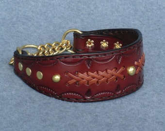 Light Brown "English" Bridle Leather Chain Martingale Collar with Lacing, Tooling, Hand Stitching, and Solid Brass Spots #303