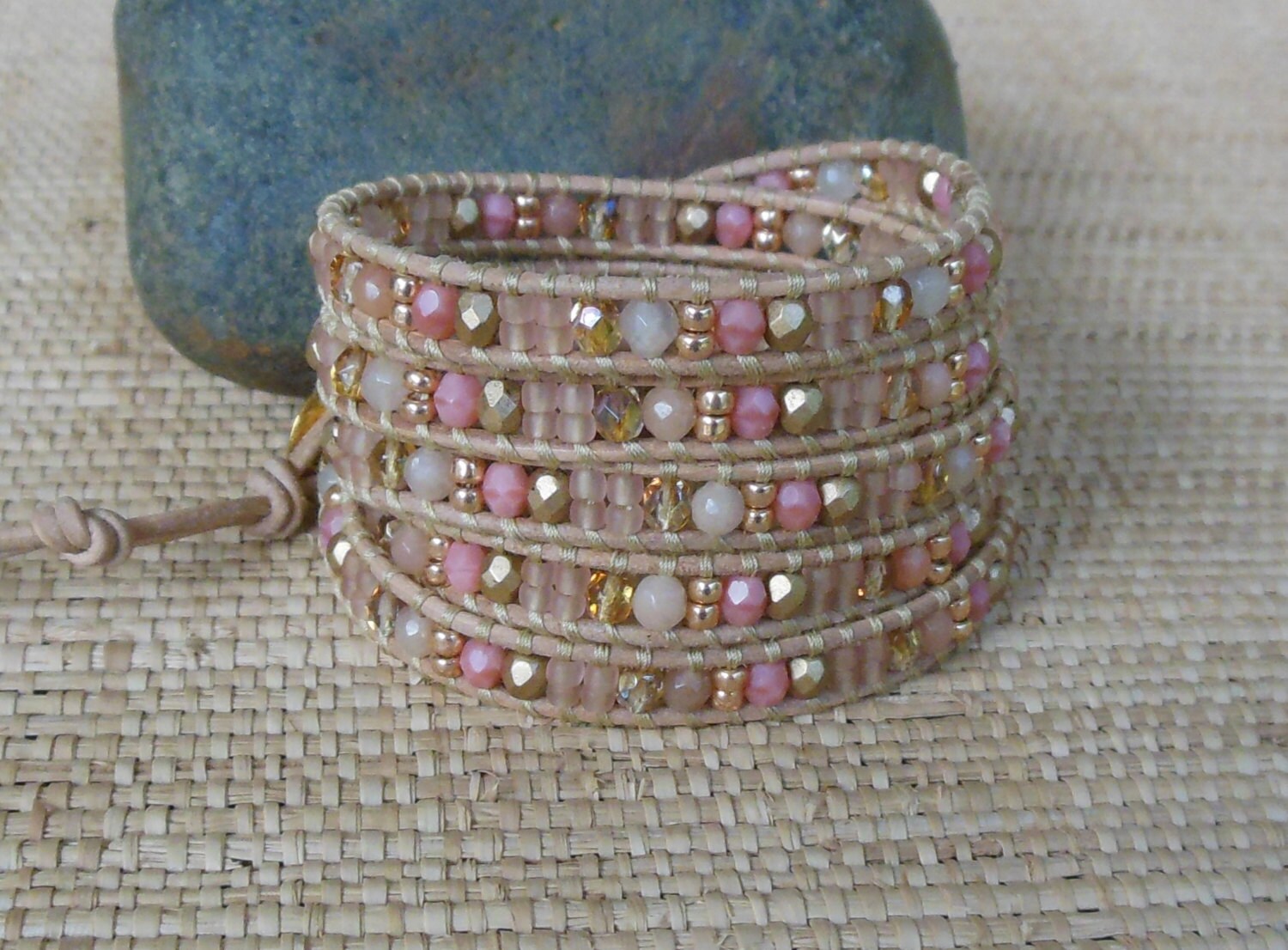 Beaded Leather Wrap Bracelet/Pink by DevaOriginalBracelet on Etsy
