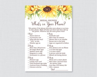 Sunflower What's in Your Phone Game - Printable Rustic Bridal Shower Phone Game - Yellow Sunflower Bridal Shower Phone Search 0016-A