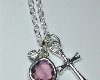 ETSY ON SALE, Girls Silver Cross Necklace, Pink Rhinestone Necklace, Silver Minimalist Necklace, Kids Costume Jewellery, Gift for Daughter