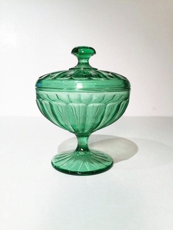 Green Depression Glass Pedestal Candy Jar with Lid Northwood