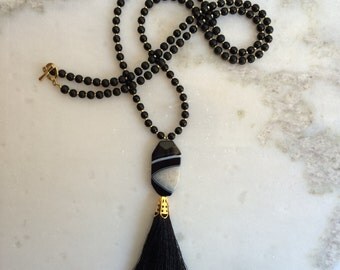 Black Agate Beaded Tassel Necklace - Gold Accents Handmade Statement Necklace