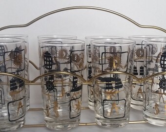 Vintage Dominion Glasses set of 8, Libbey Caddy, Barware, Drinkwarek, Mad Men, Black and Gold Nautical