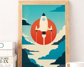 Space print, Spaceship art, Nursery wall art, Nursery wall decor, Retro nursery, Vintage nursery, Kids room art, Kids room decor, Artwork