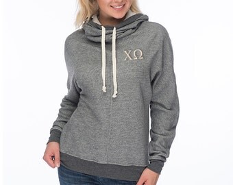 Chi Omega Cowl Neck Sweatshirt, Chi Omega French Terry Hooded Sweatshirt, Embroidered Chi Omega Sweatshirt, Chi Omega sweats