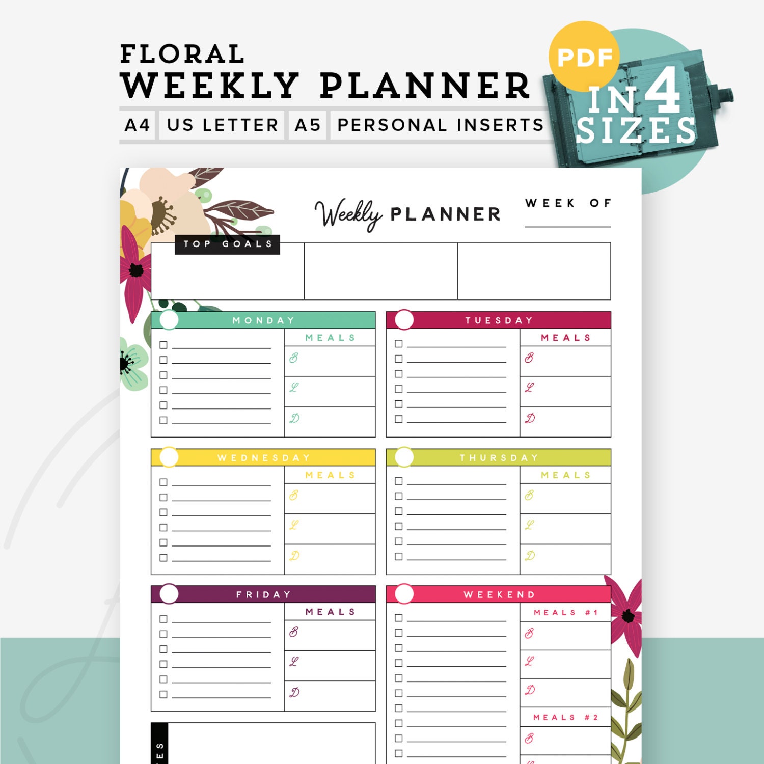Floral Weekly Planner printable PDF Printable weekly planner