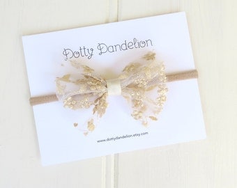 Gold Lace Baby Headband | Holiday Baby Headband, Gold Bow Headband, Christmas Baby Headband, Lace Baby Bow, Gold Baby Bow
